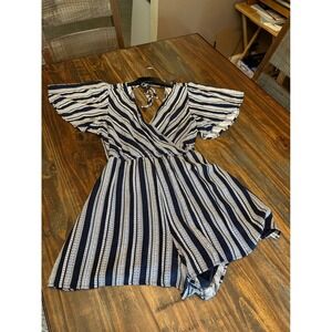 Three Pink Hearts Romper Shorts Blue & White Large